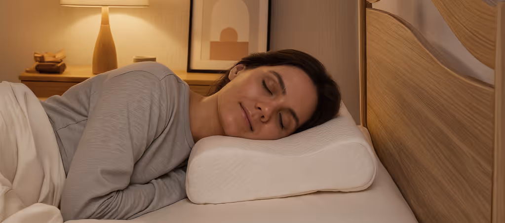 Femme dormant paisiblement la nuit avec l’oreiller cervical en mémoire de forme NUIT CALME, offrant confort et soutien ergonomique