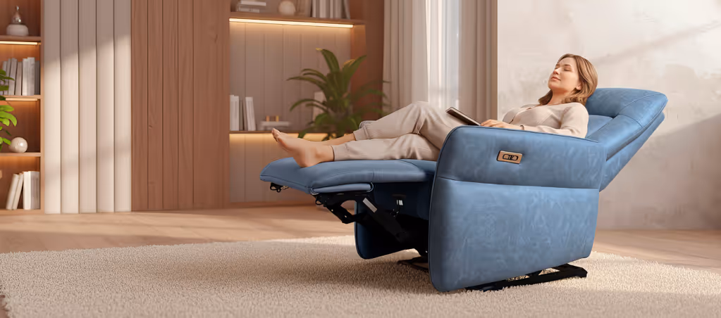 Femme détendue dans le fauteuil massant Serenity, allongée en position relax dans un salon moderne et lumineux.