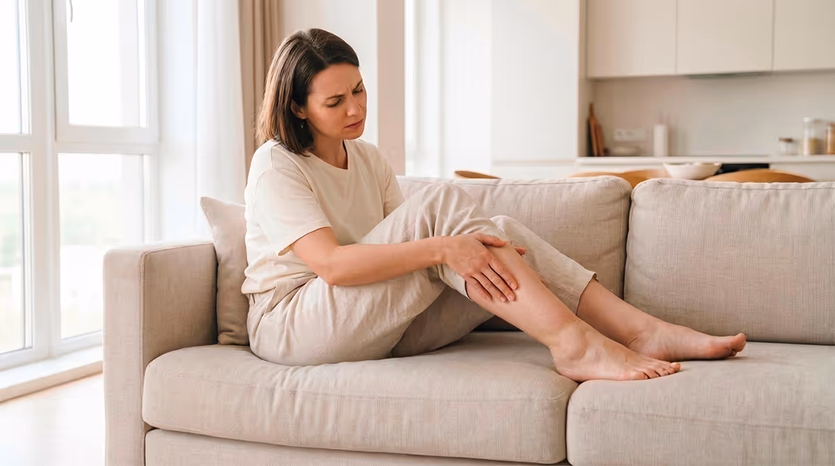 Femme assise sur un canapé beige, exprimant une douleur en tenant son mollet.