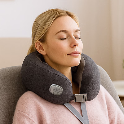 Femme relaxée utilisant le masseur cervical CERVICALM en position assise, yeux fermés