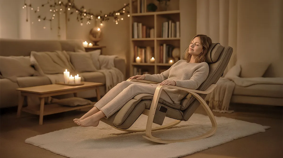 Femme détendue assise dans un fauteuil Youki avec lumière tamisée et bougies dans un salon confortable.