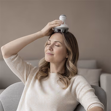 Femme assise relaxée utilisant le masseur de cuir chevelu Céphalia sur sa tête dans un salon beige paisible.