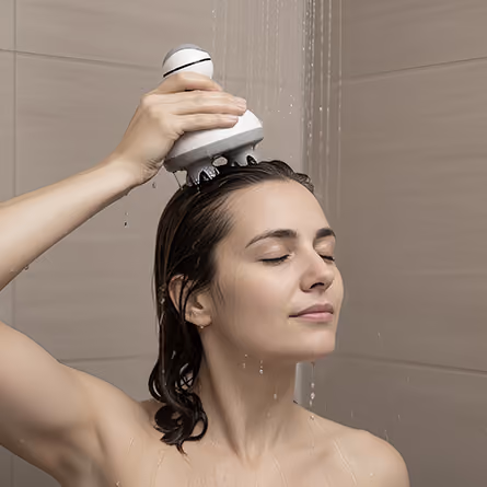 Femme utilisant l'appareil de massage Céphalia pour masser son cuir chevelu sous la douche.