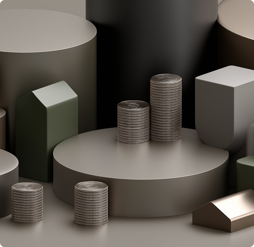 Des piles de pièces empilées sur différentes formes géométriques cylindriques et rectangulaires en tons neutres.