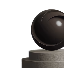 Sphère noire brillante posée sur un socle cylindrique gris, sur fond noir.