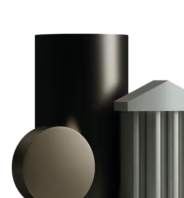 Sculpture abstraite composée de formes géométriques lisses et de colonnes cylindriques sous un toit pyramidal.