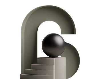 Sculpture organique lisse avec une sphère noire posée sur un piédestal devant une structure arquée grise.