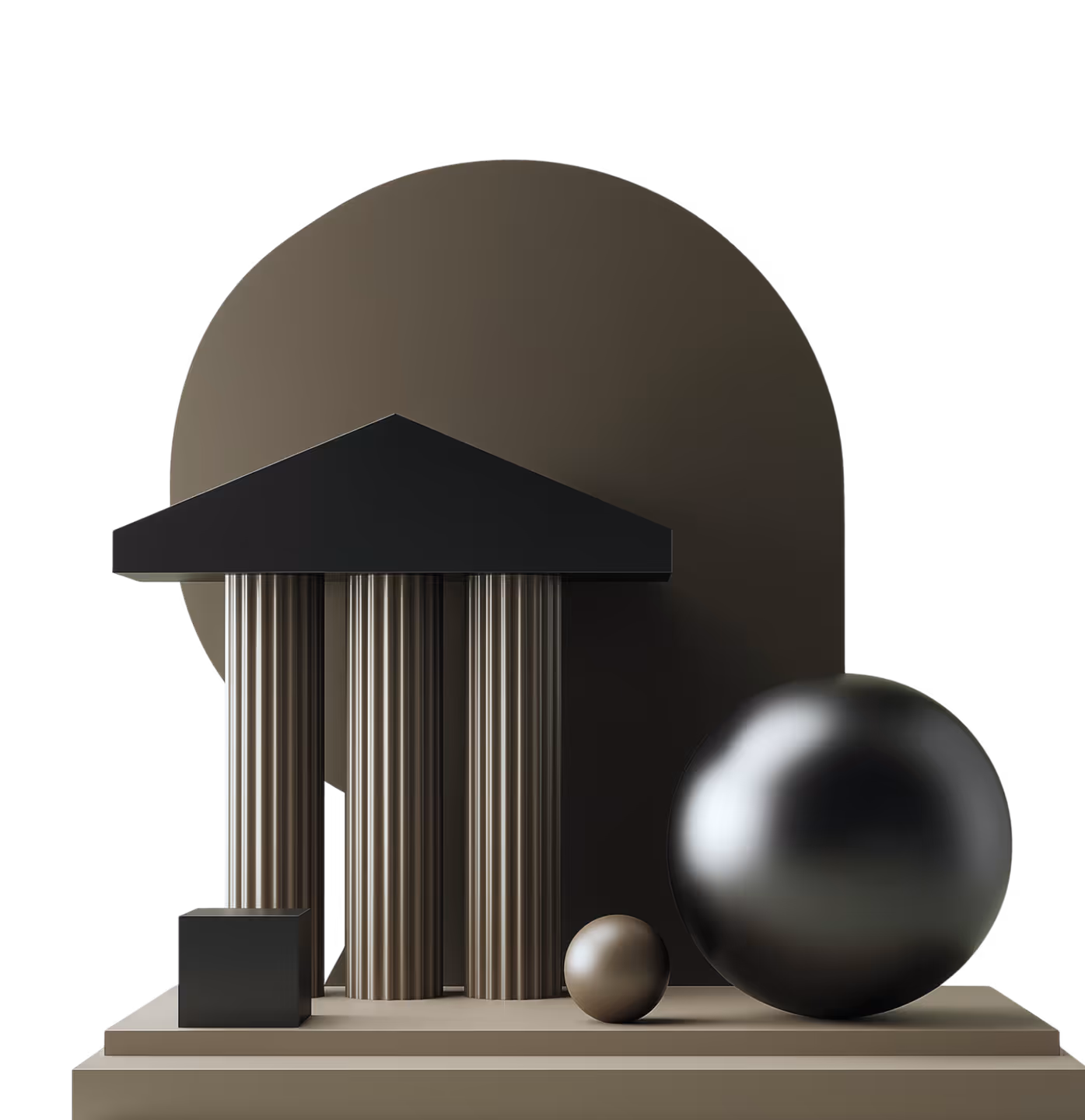 Une sculpture abstraite comprenant une petite colonne surmontée d'un toit triangulaire, deux sphères de tailles différentes et un cube, le tout dans des tons gris et noirs sur un socle rectangulaire.