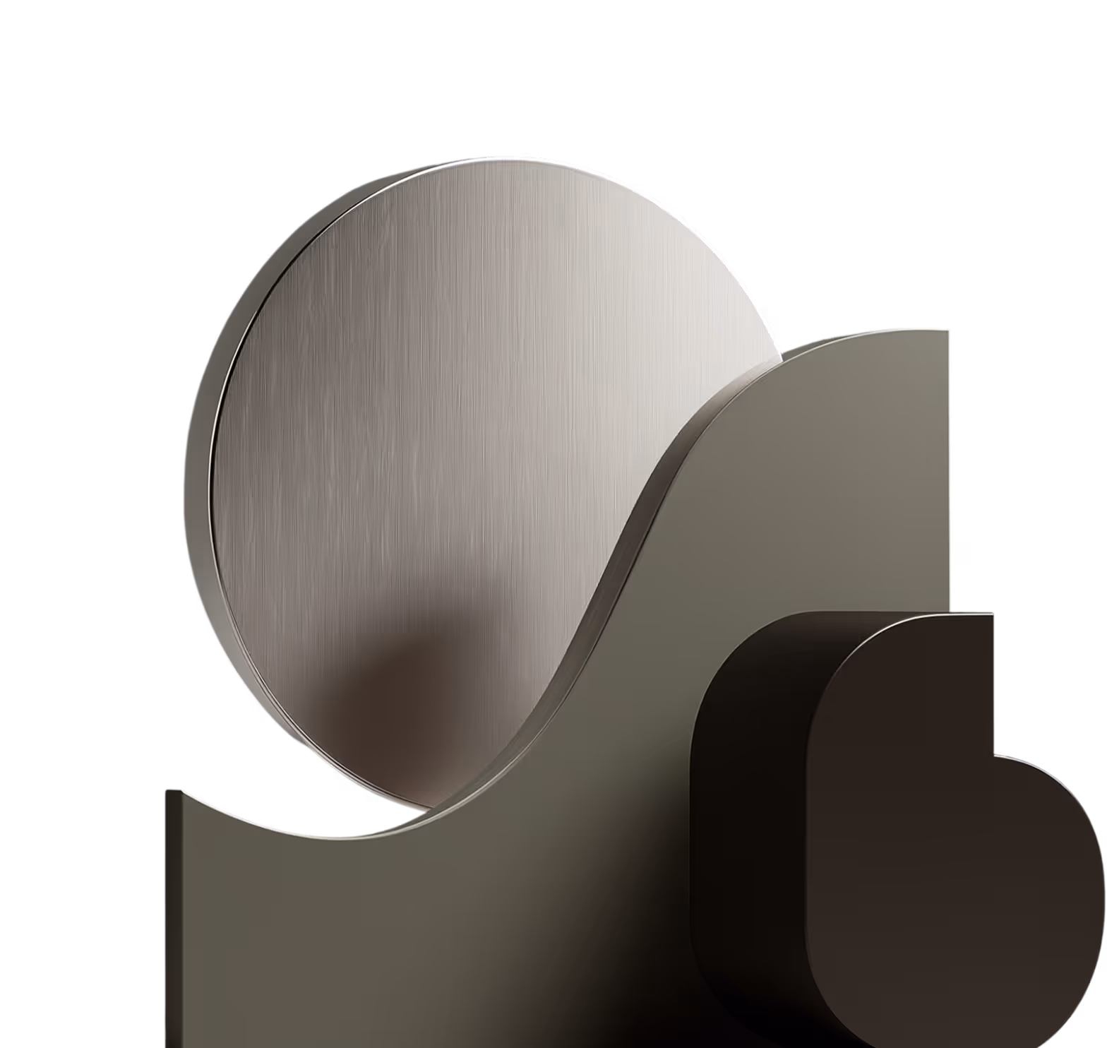 Vue rapprochée d'une sculpture abstraite moderne en métal avec des formes géométriques arrondies.