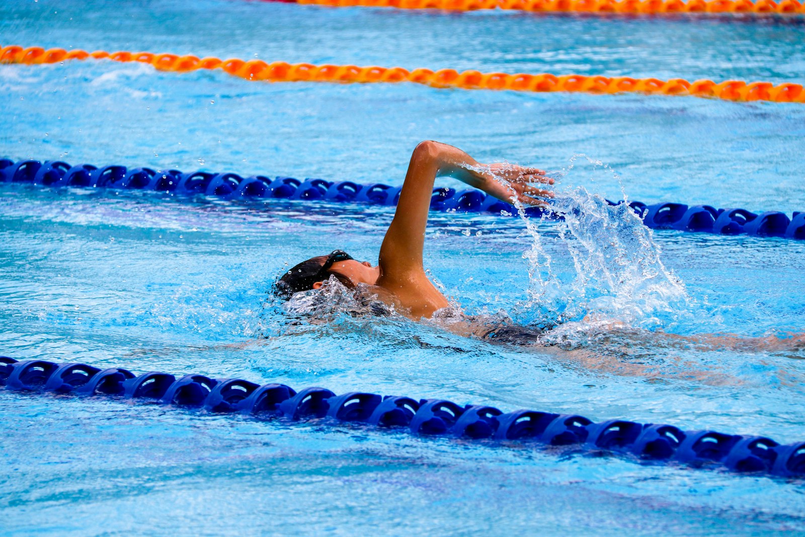 Nadador entrenando estilo crol en una piscina cubierta