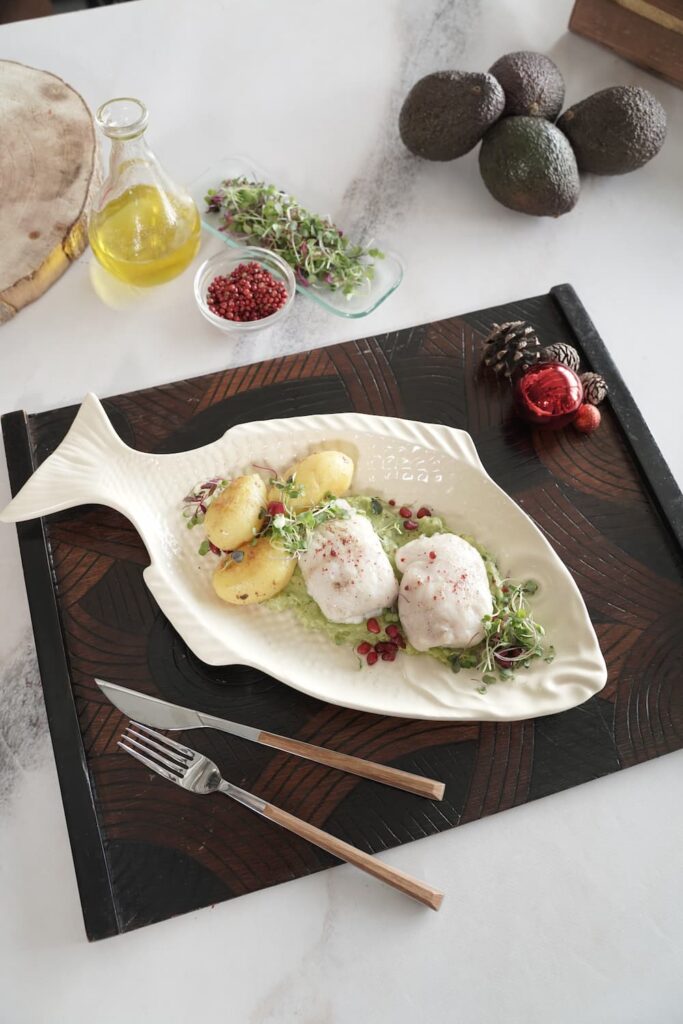 Christmas Hake Medallions with Minty Avocado Purée and Baby Potatoes