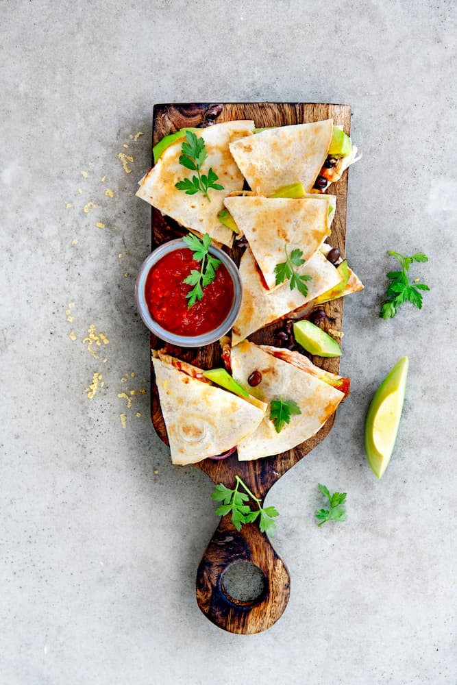 Avocado, chicken & black bean quesadillas