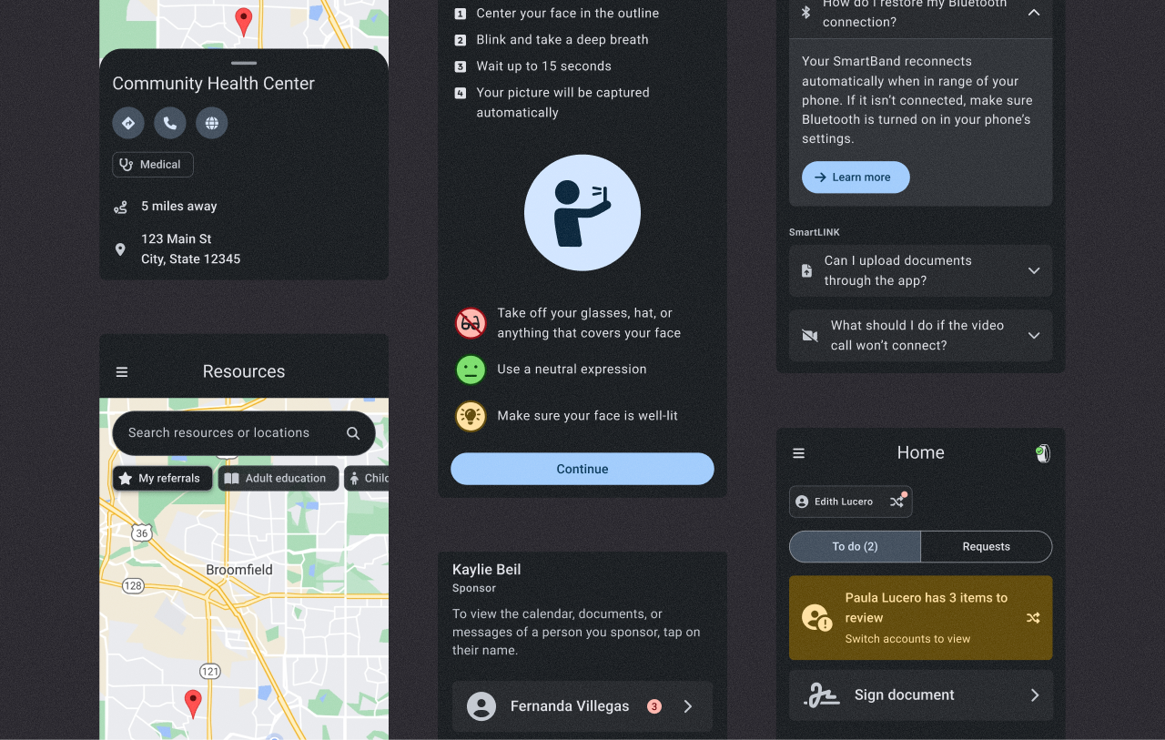 Screenshots of a mobile app for case management, showing a resources map, facial recognition check-in flow, and a user dashboard