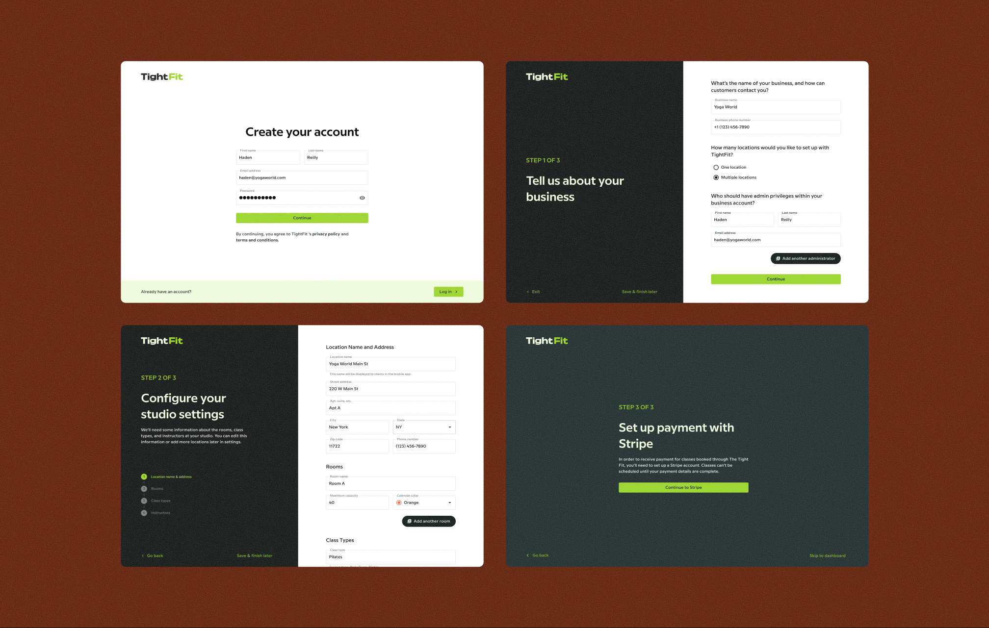 Screenshots of an admin onboarding flow for The Tight Fit, a fitness scheduling platform, showing account creation, business setup, studio configuration, and Stripe payment integration