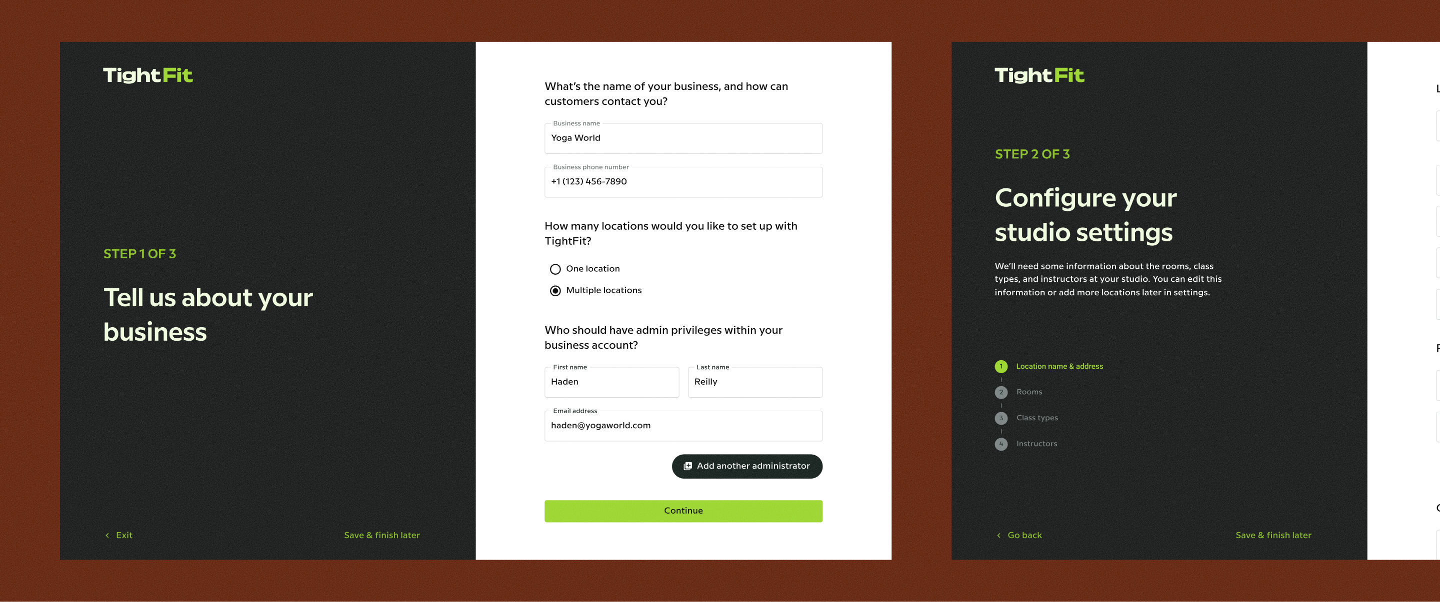 Two screenshots of the TightFit admin portal onboarding flow. The left screen shows Step 1 of 3: a form asking for business name, phone number, number of locations, and admin account details. The right screen shows Step 2 of 3: a studio settings page with a checklist including location, rooms, class types, and instructors