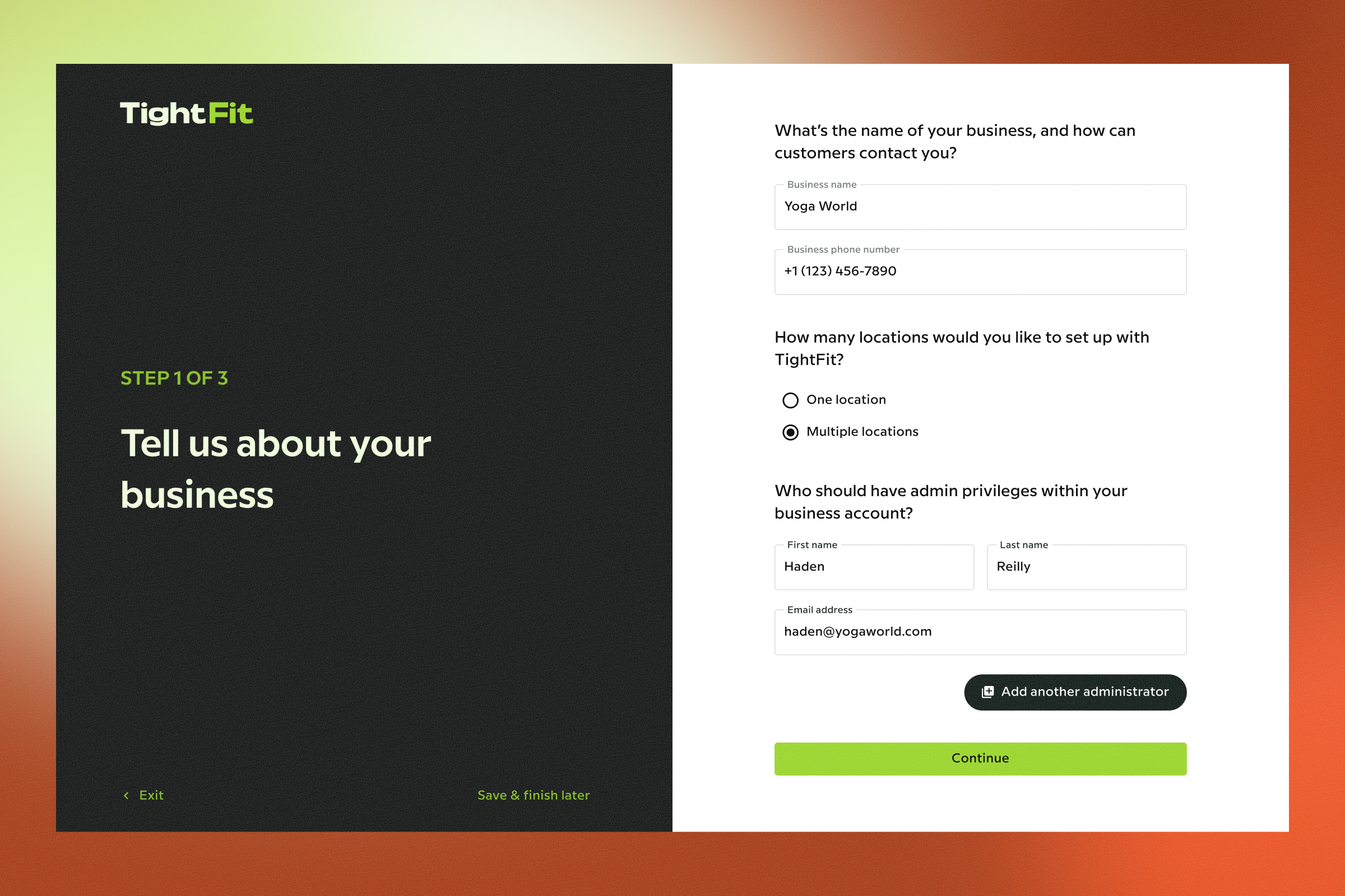 TightFit onboarding wizard, Step 1 of 3: Tell us about your business. A two-column layout with the step label and heading on the left, and a form on the right asking for business name, phone number, number of locations, and admin account details.