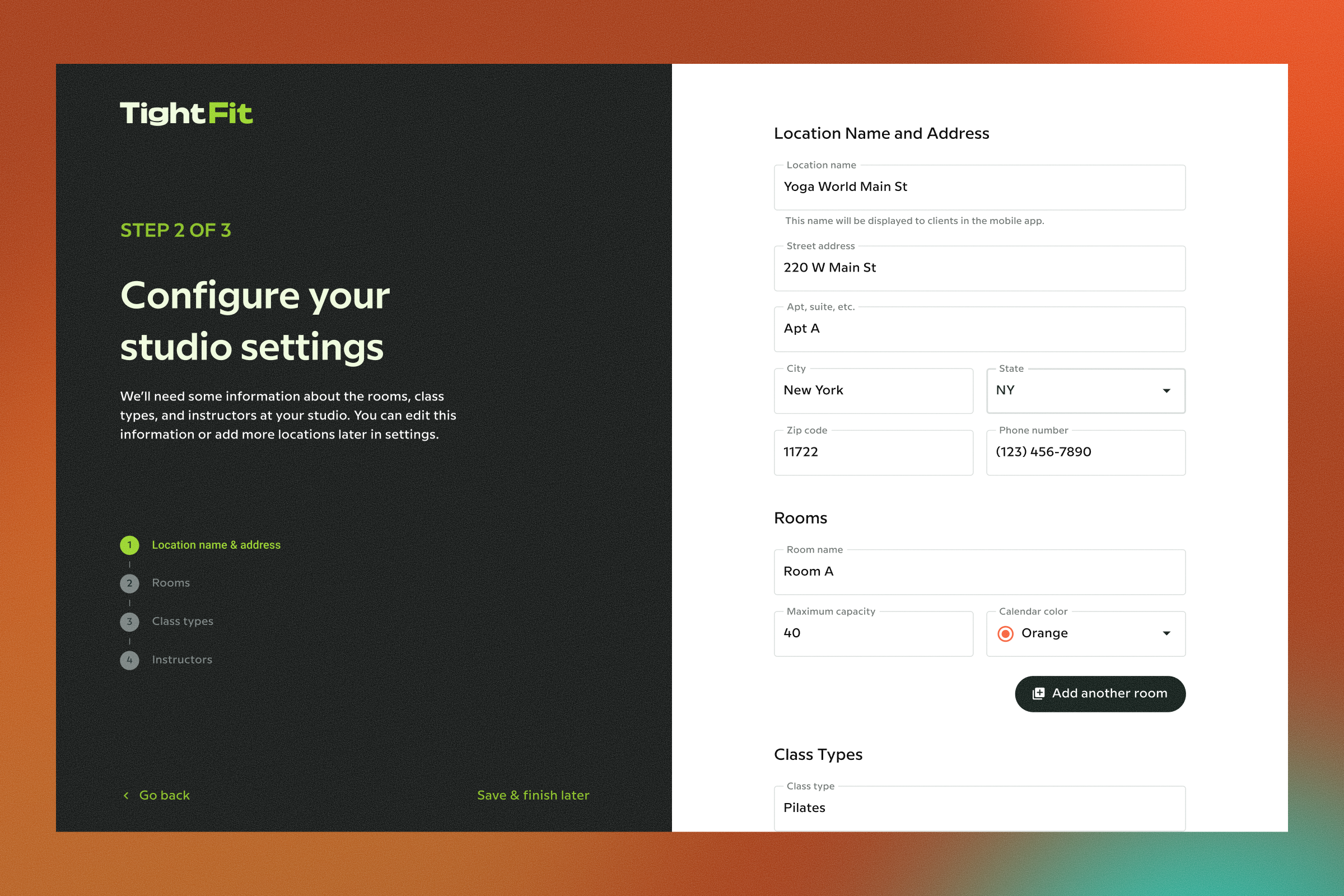 TightFit onboarding wizard, Step 2 of 3: Configure your studio settings. The right panel shows a form for location name and address. Below that is a Rooms section where users can add room names and capacities, and a Class Types section.
