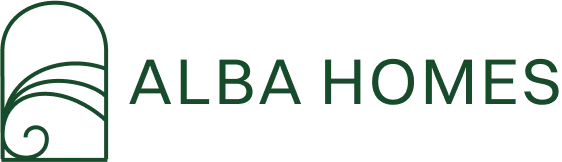 Logo von ALBA HOMES mit stilisiertem Bogen und Wellenlinien.