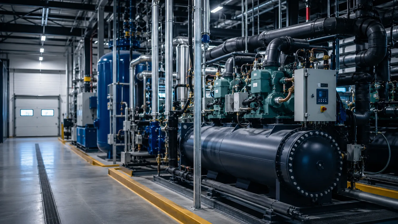 Industrial refrigeration compressors and piping in a plant room