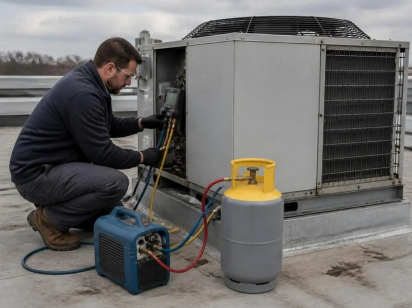 Technician servicing a rooftop refrigeration unit