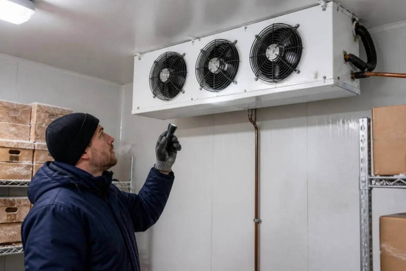 Technician inspecting the fans on a walk-in freezer evaporator