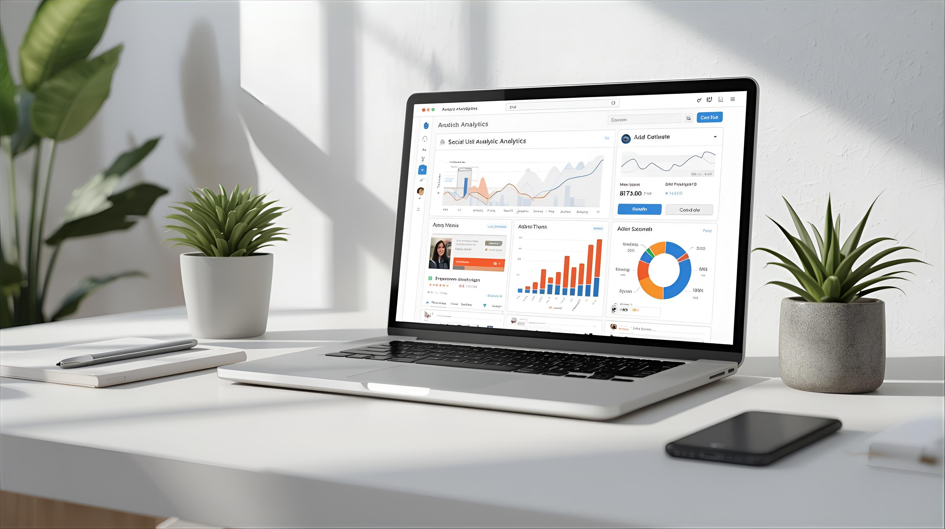 Realistic workspace showing social media analytics on a laptop with engagement and growth charts.