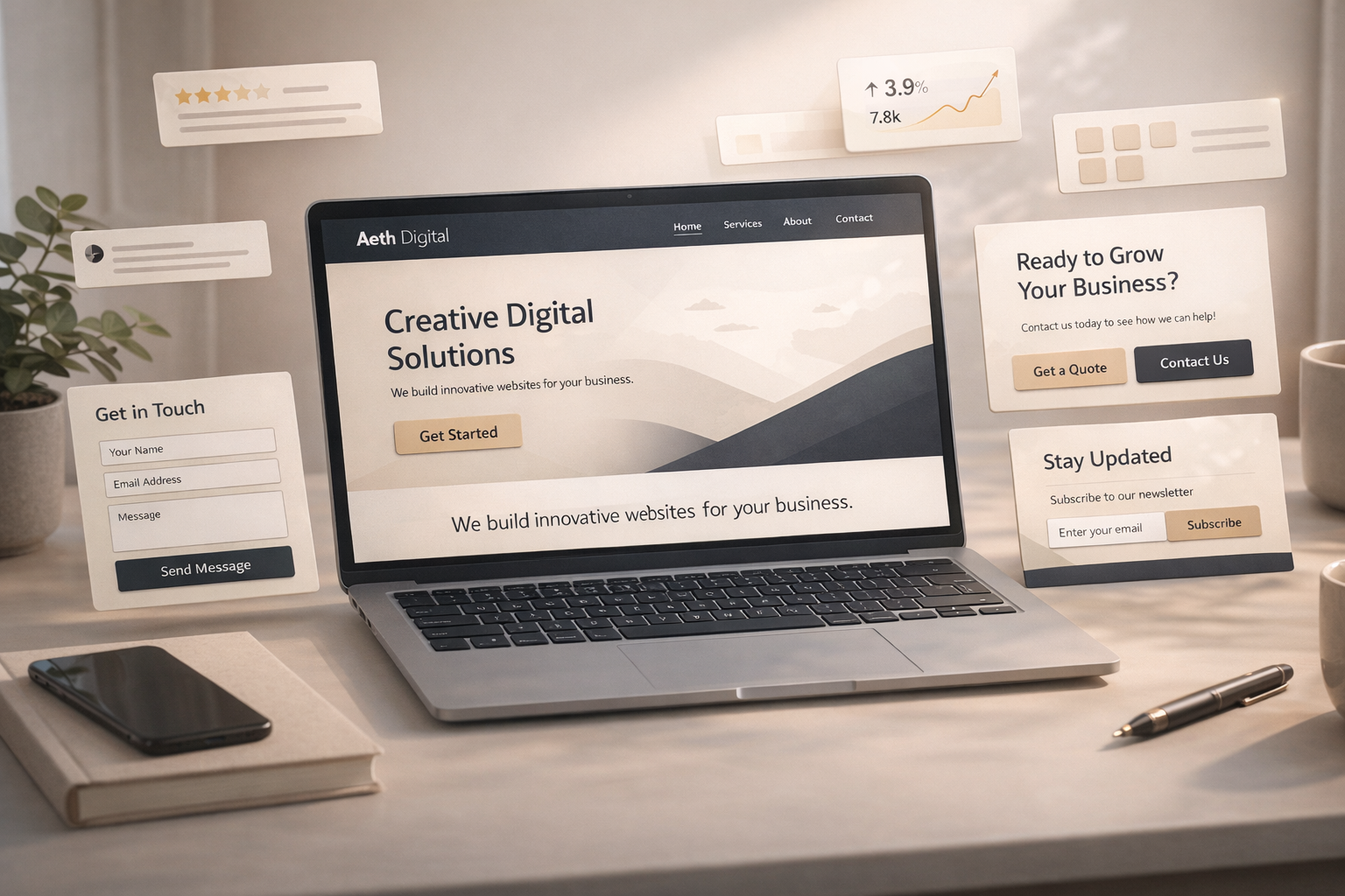 Realistic workspace showing a modern high converting website with conversion focused design elements.