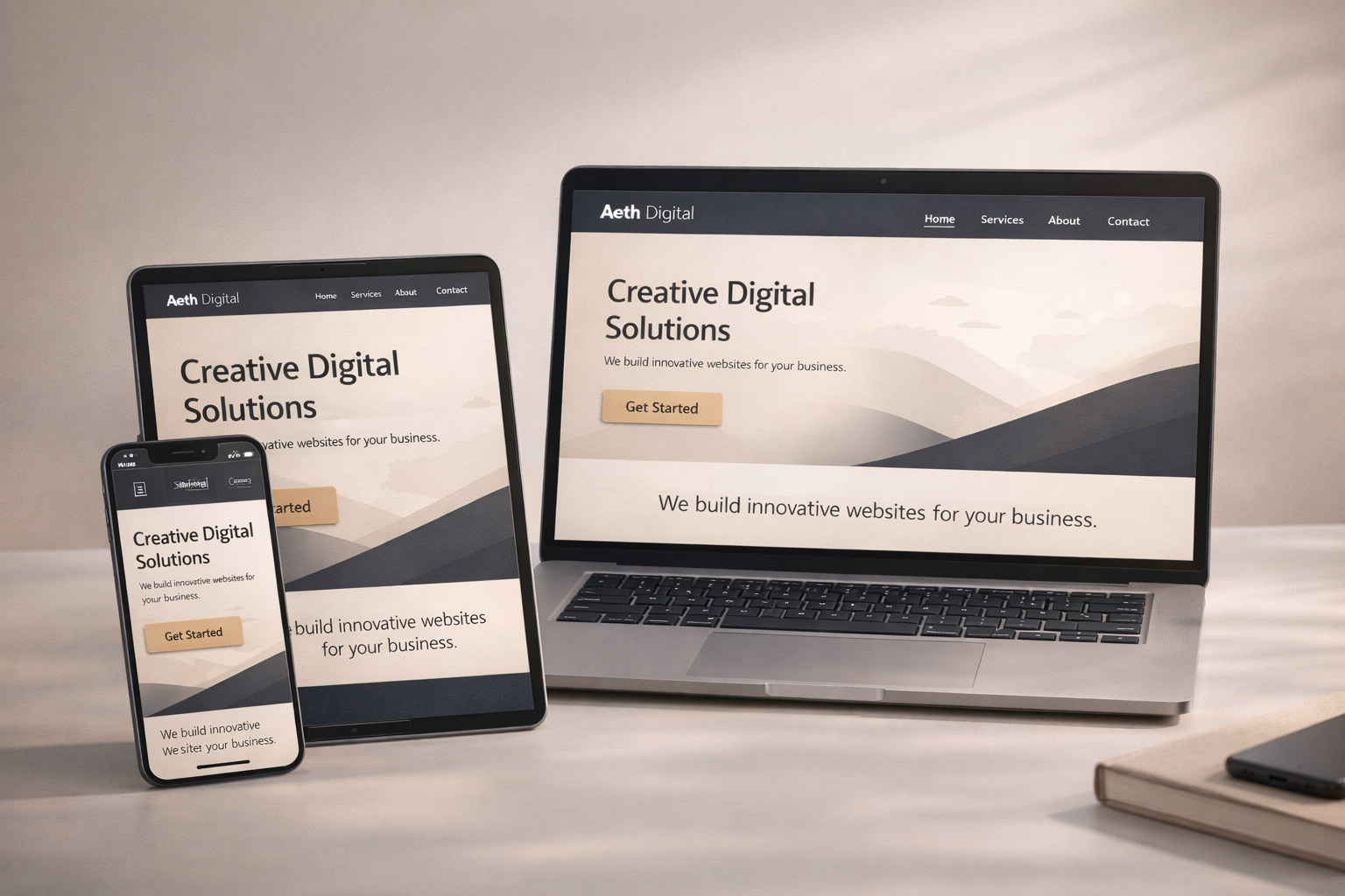 Responsive website design displayed across mobile, tablet, and desktop devices.