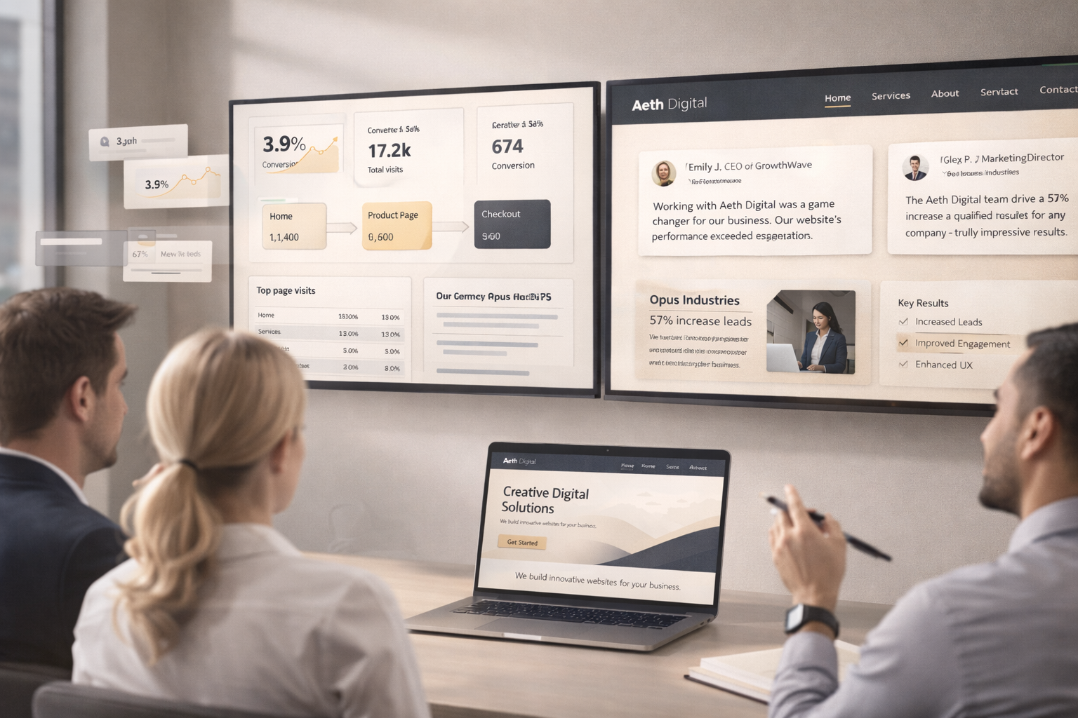 Marketing team reviewing website conversion data and performance analytics.