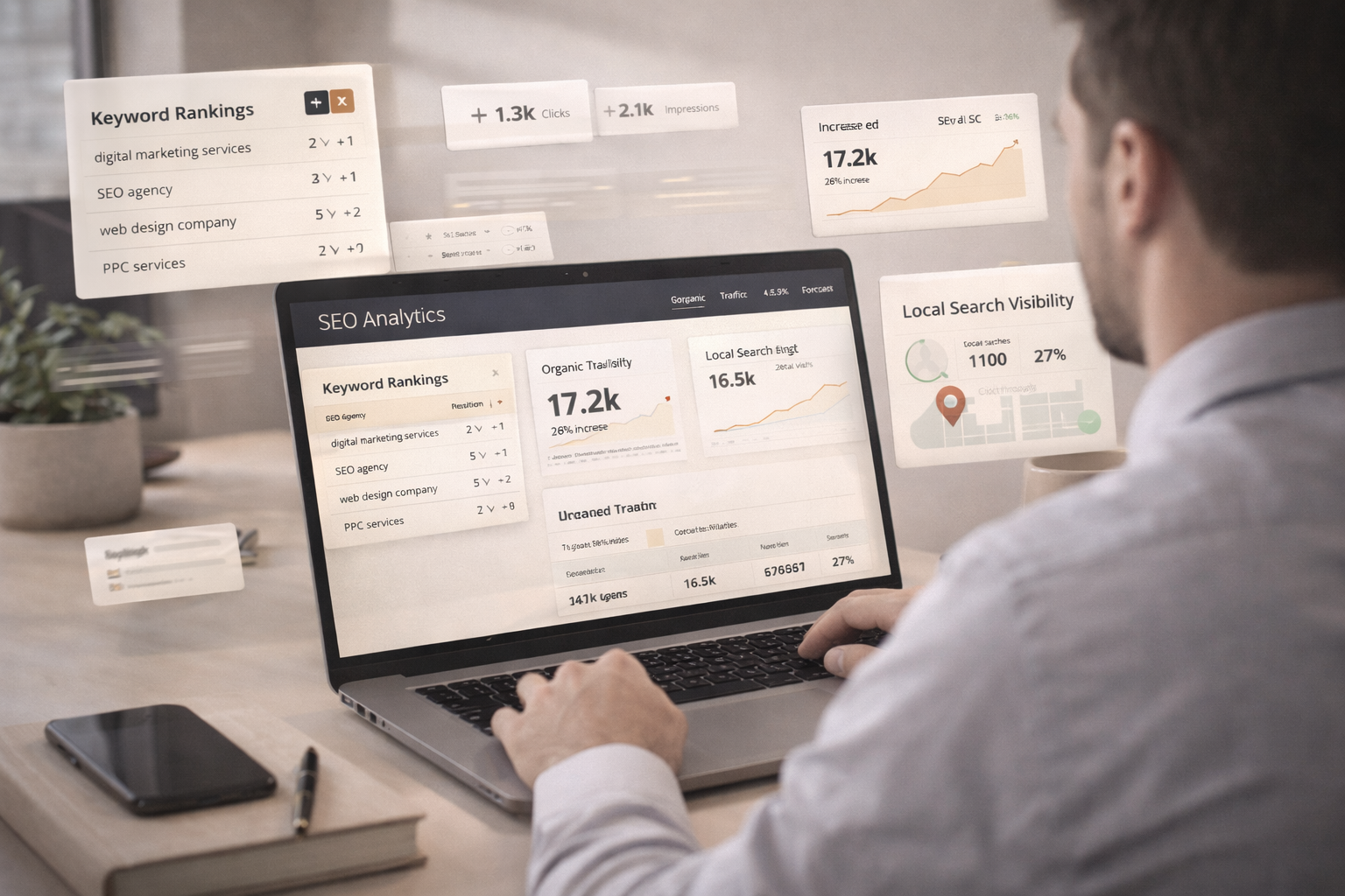 Small business owner reviewing SEO performance and organic search growth on a laptop.