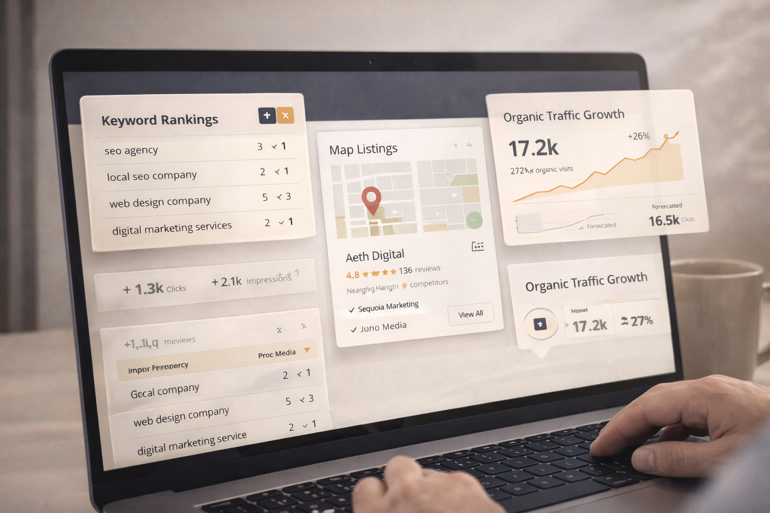 Local SEO analytics showing keyword rankings and organic traffic growth for a small business.