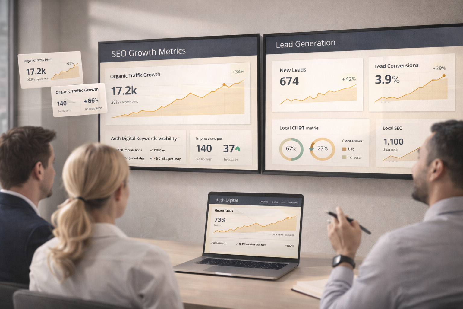 Marketing team reviewing SEO growth and lead generation results for a small business.