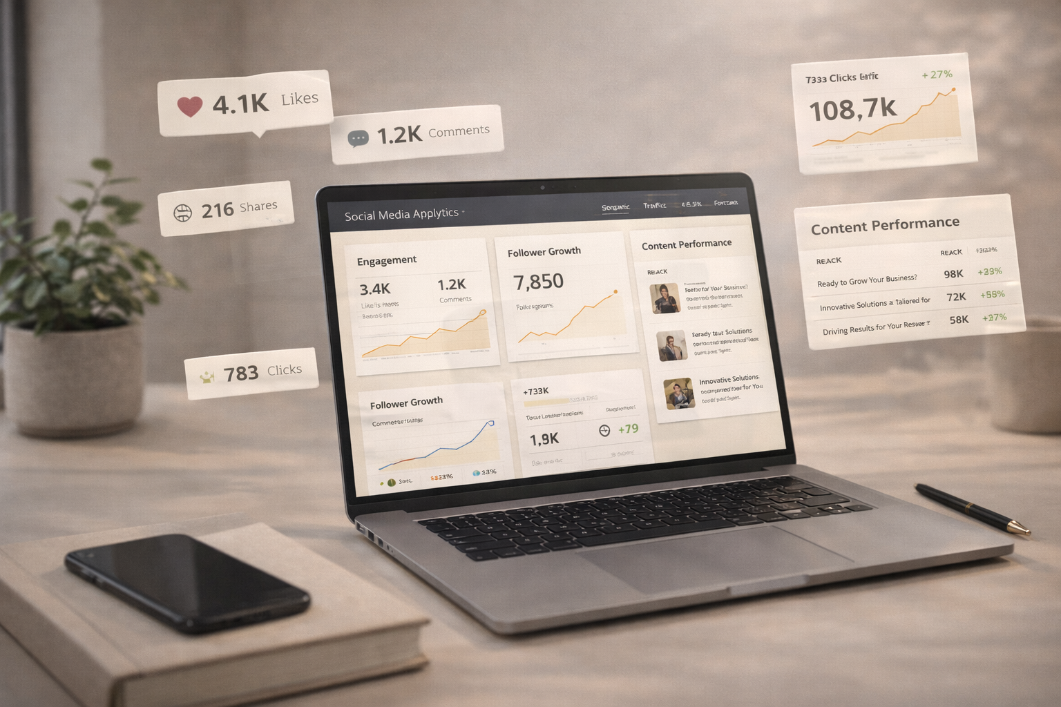 Workspace showing social media analytics and engagement growth on a laptop.