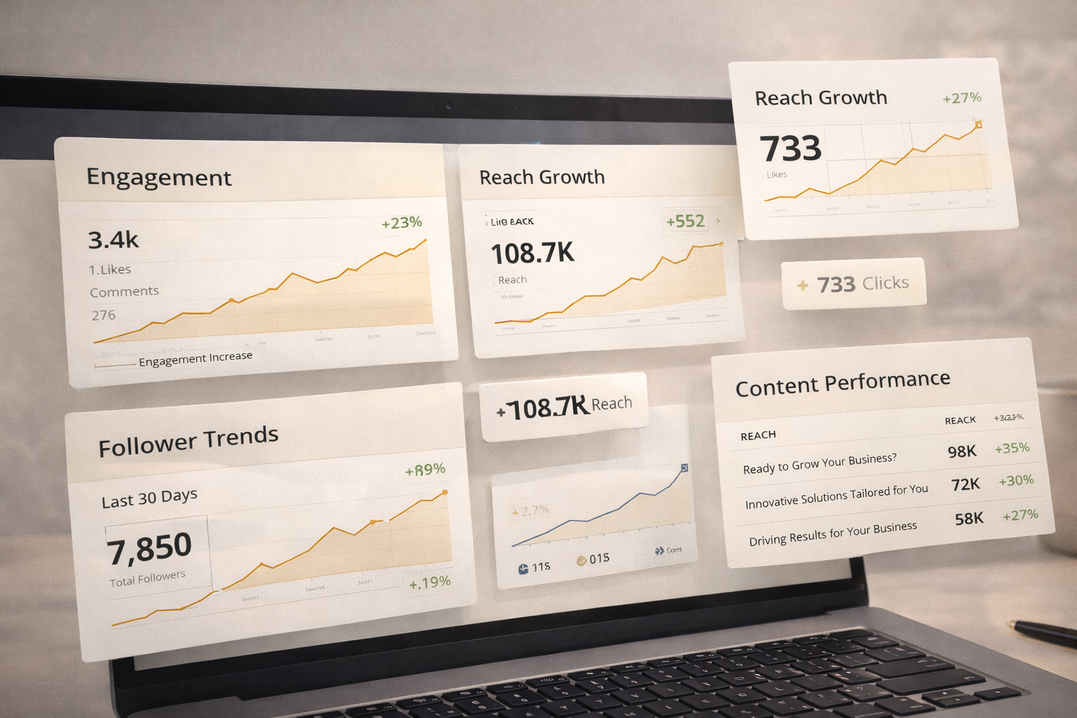 Social media analytics dashboard showing engagement and audience growth.