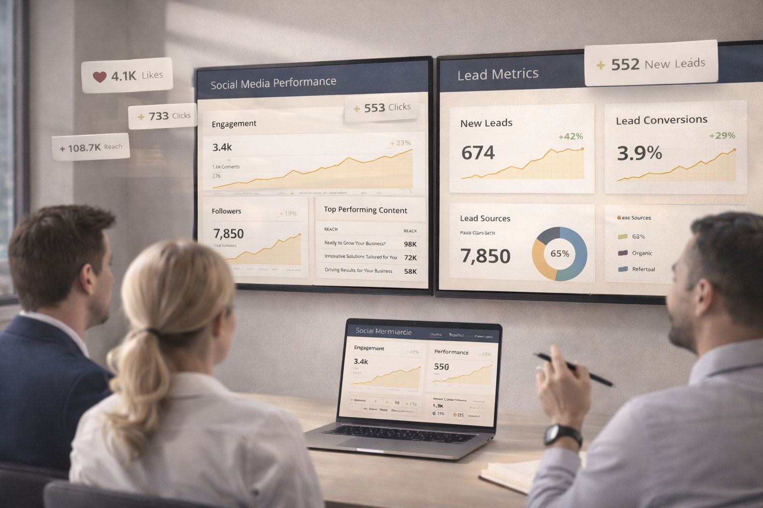 Marketing team reviewing social media performance and lead generation data.