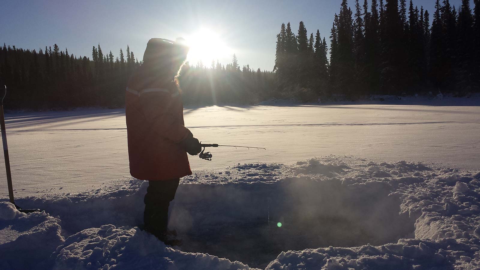 Person ice fishing on a frozen lake surrounded by snow and pine trees at sunrise.