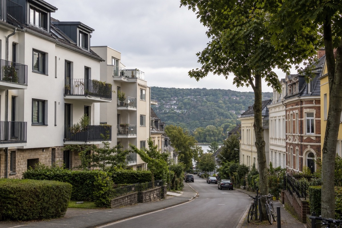Wohnstraße mit Altbau und modernen Mehrfamilienhäusern in einer Rheinlage bei Bonn