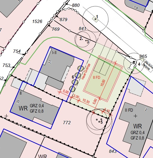 Flurkarte mit markiertem Baugrundstück und möglichem Baufenster in Bonn-Duisdorf