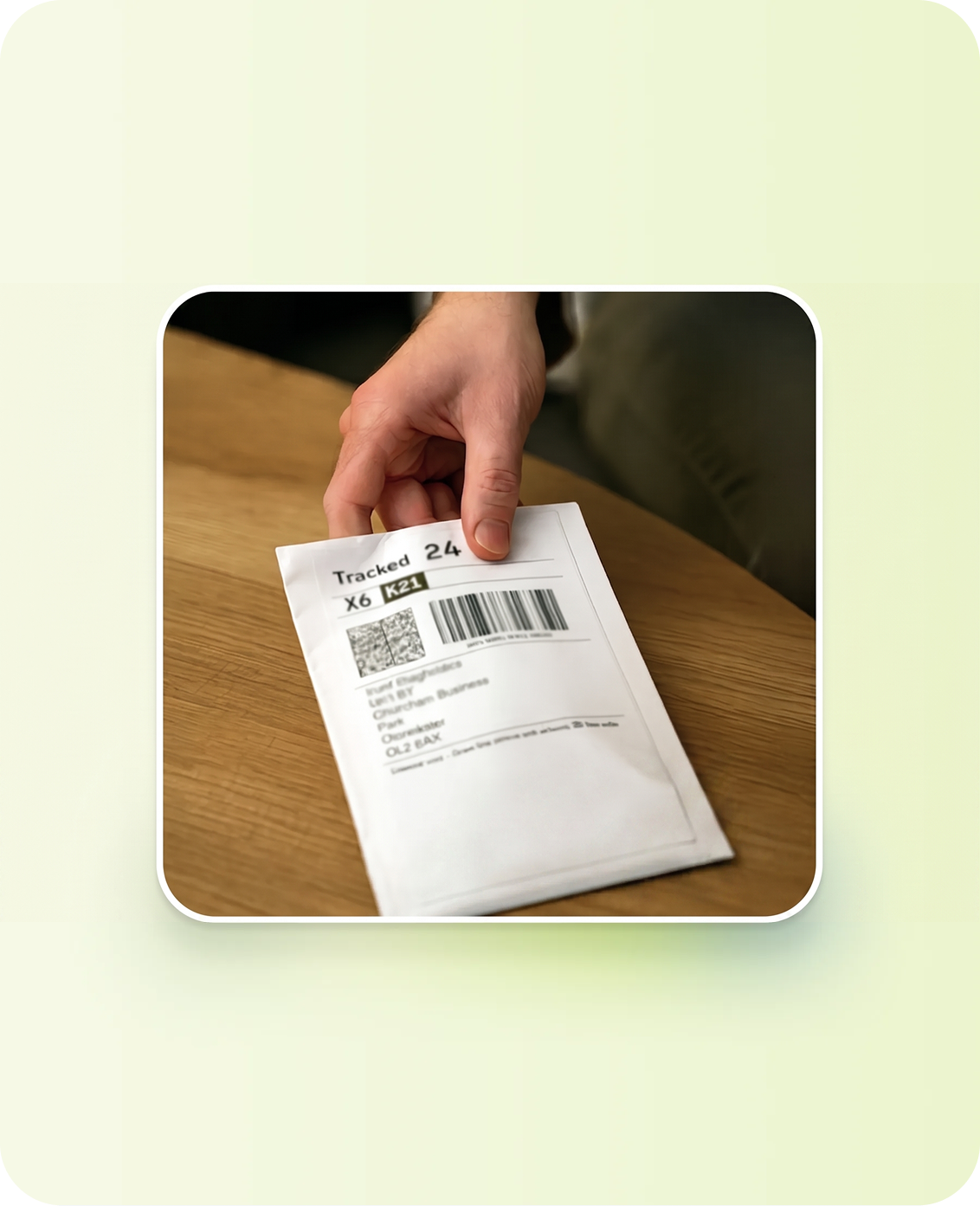 Hand holding a white tracked envelope on a wooden surface with a barcode and address label.