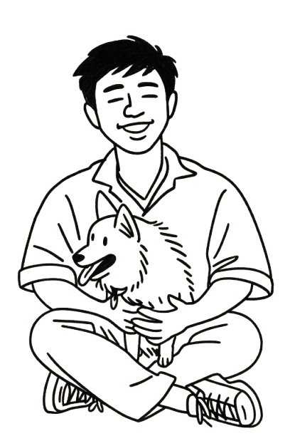 Line drawing of a boy sitting cross-legged holding a fluffy dog on his lap, both facing left.