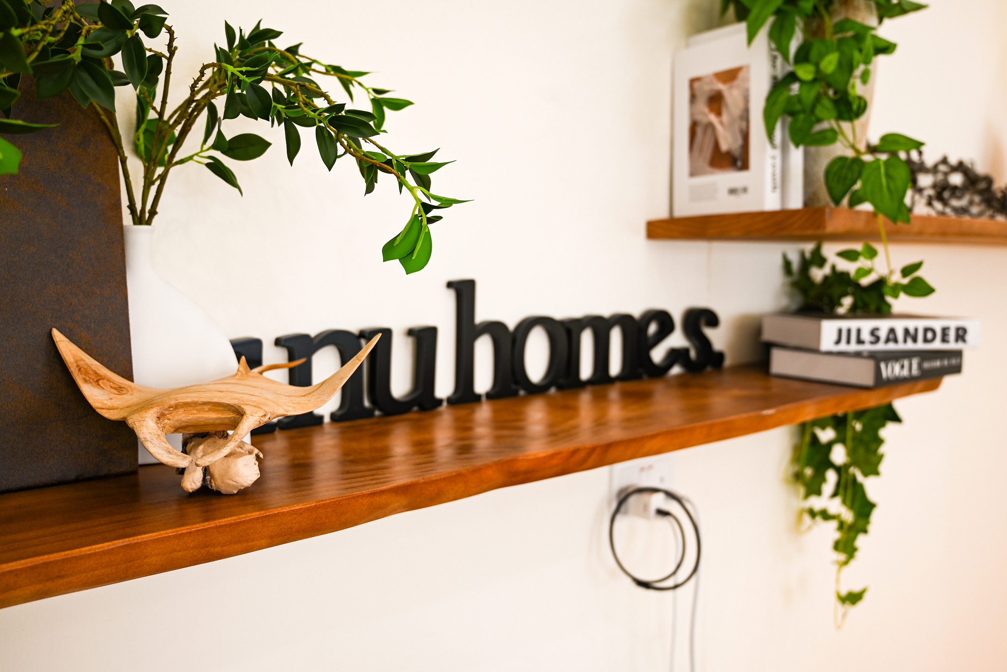 Wooden shelf with a white vase holding green branches, decorative wood sculpture, black letters spelling 'rnu homes,' and stacked books with trailing ivy plant.