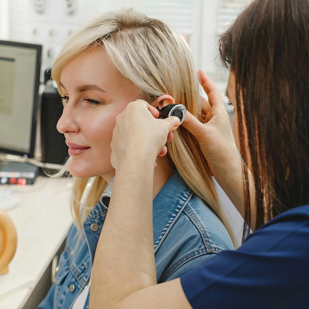 Clinician examining a patient's ear with an otoscope before ear irrigation
