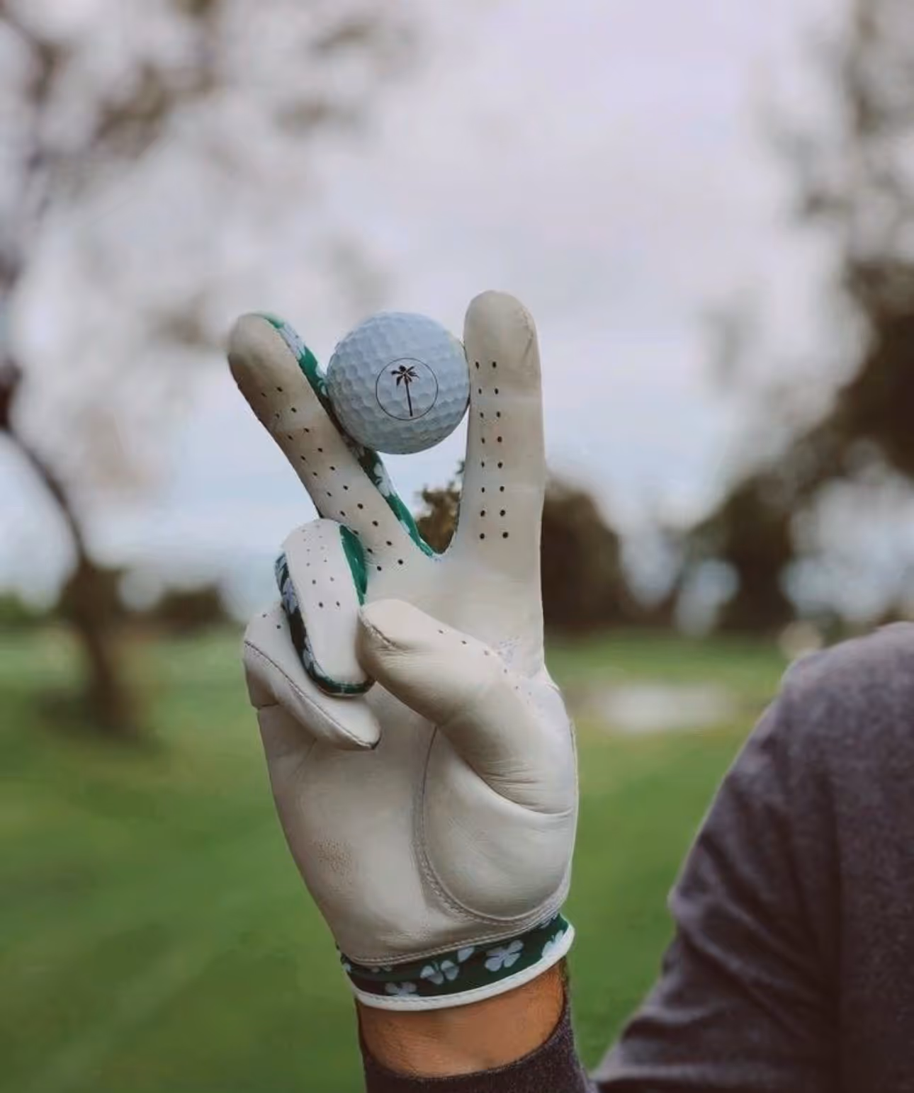 Gold player holding up a peace sign with a golf ball between his fingers.