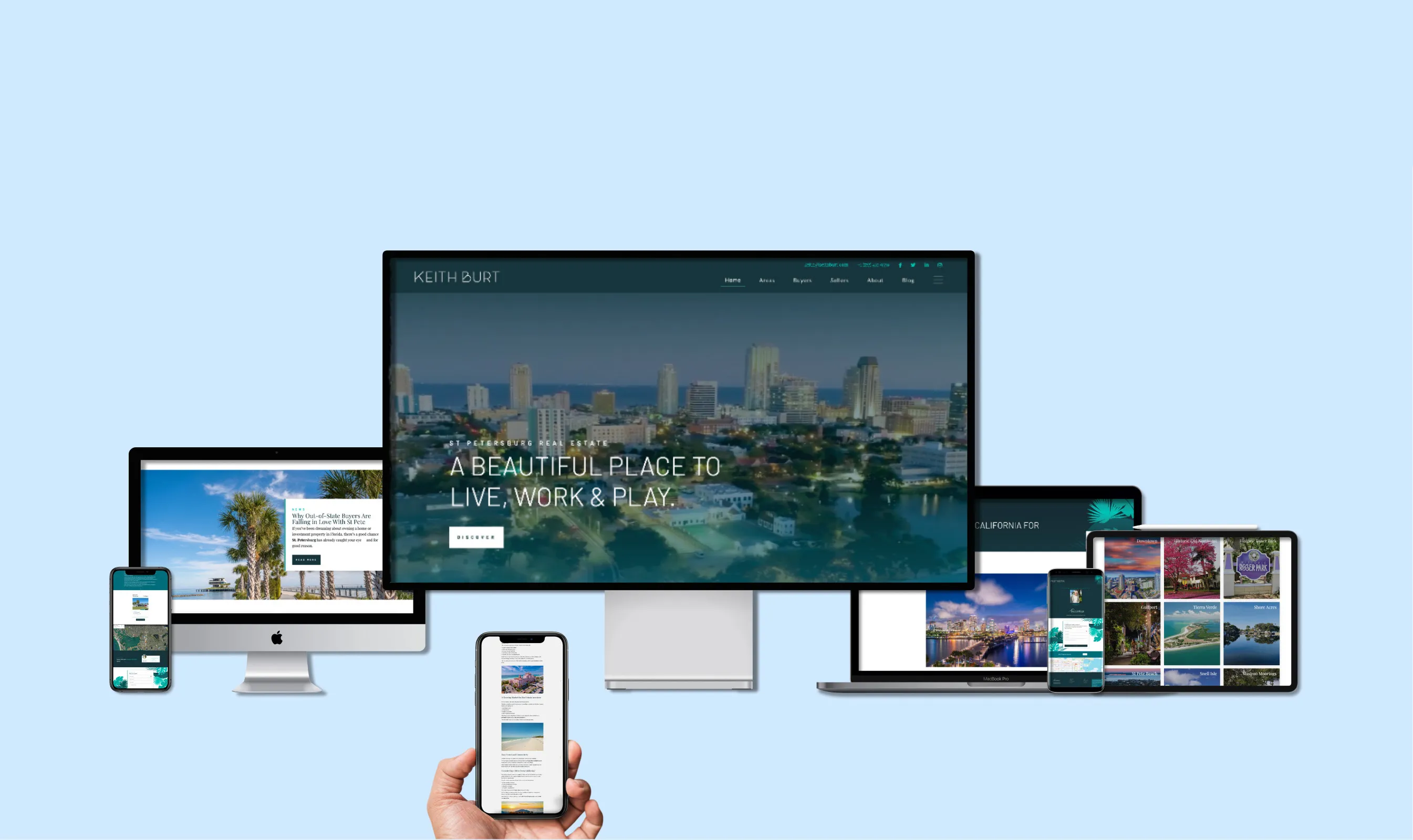 Device mockup of the KeithBurt.com website including desktop, imac, ipad, iphone and tablet screens