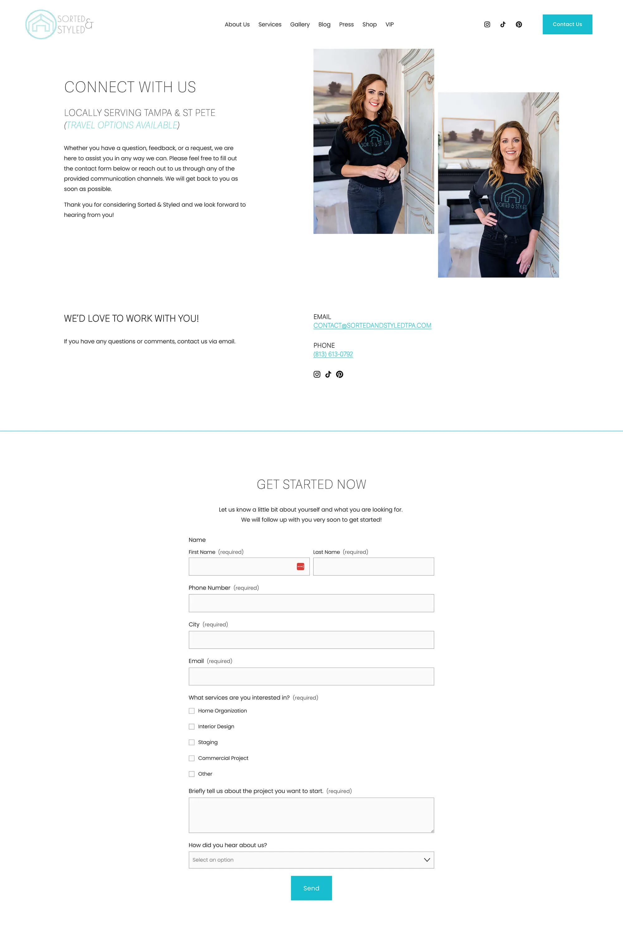 Sorted and Styled website contact page layout