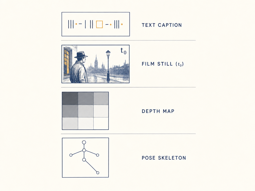 A vertical stack of four diagrammatic panels showing a text caption strip, a reference still, a depth-map gradient, and a stick-figure pose skeleton.