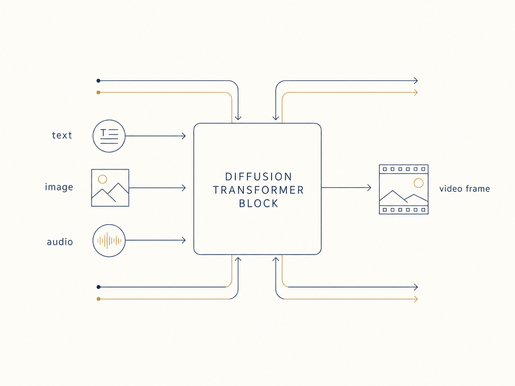 A diagrammatic illustration of a diffusion transformer block with text, image, and audio arrows flowing in and a video frame arrow flowing out, with dual-stream cross-modal flow lines above and below.