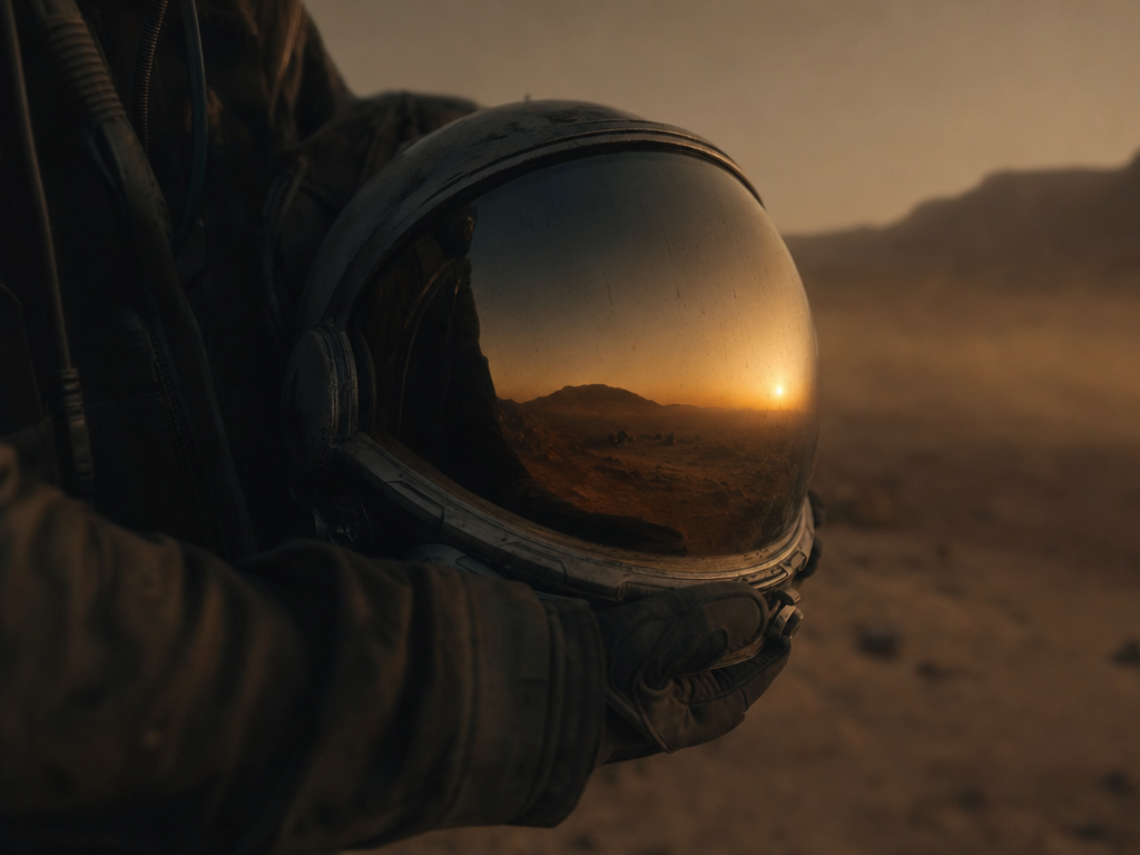A cinematic film still of an astronaut helmet, the kind of frame produced locally by an open-weights pipeline.