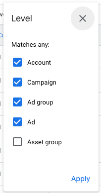 Screenshot of level for ad generation for AI Max in Google Ads