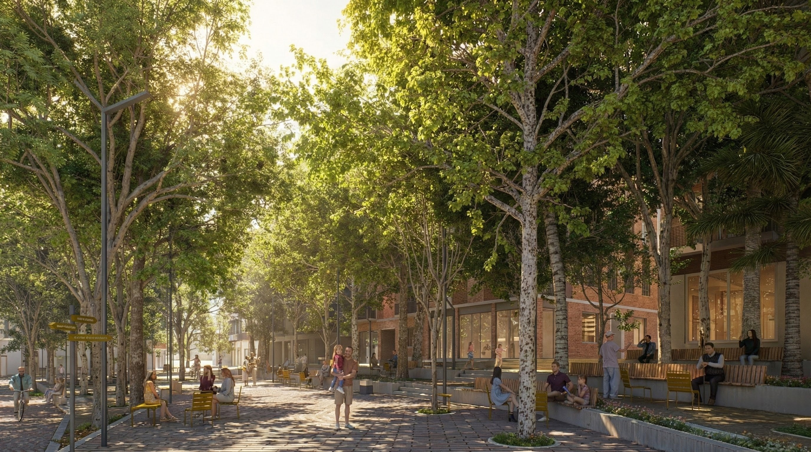 Sunlit urban plaza with people sitting on benches, walking, and biking among leafy trees and modern brick buildings.